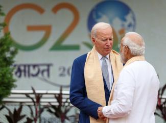 Indian Prime Minister Narendra Modi and US President Joe Biden on the sidelines of the G20 summit in New Delhi in September.