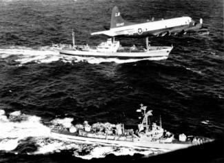 Cuban missile crisis: U.S. Navy demanding to inspect a Soviet cargo vessel in November 1962. For two weeks, nuclear war seemed imminent when Moscow planned to deploy missiles in the Caribbean.