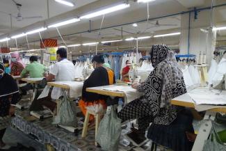Sewing workers in a garment factory in Bangladesh.