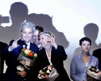 Self-obsessed: Gerd Wilders, Marine Le Pen and Frauke Petry in Koblenz in January.