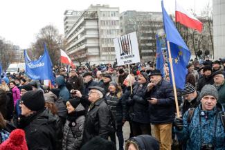 Protestors demand press freedom in Warsaw in December.