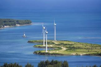 Sustainable energy source: wind turbines on the island of Mahé in the Seychelles.