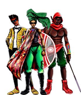 Die Superhelden Ananse, Oya und Ol’moran des neuen Spiels „Africa’s Legends Reawakening“ von Leti Arts.