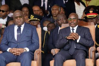 The new president Félix Tshisekedi, left, and outgoing president Joseph Kabila during the inauguration ceremony in Kinshasa on 24 January.