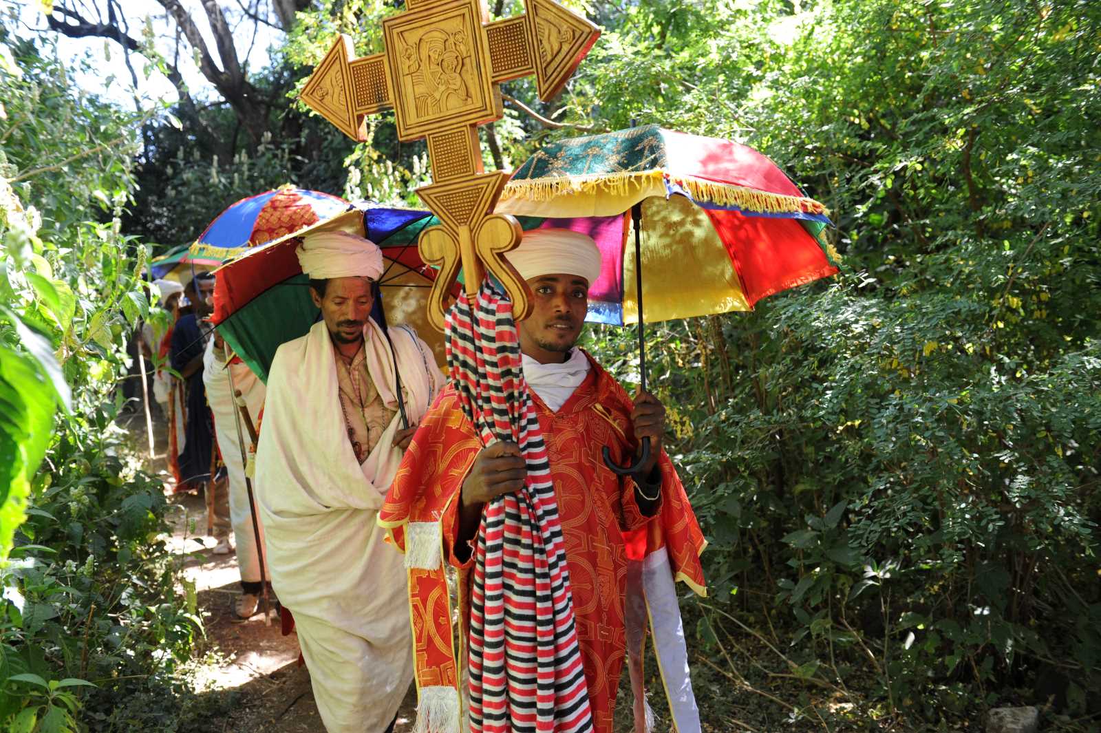 Procession on the way back from a tree planting campaign in the Mantogera church forest near Addis Zemen, Amhara region, 2019.