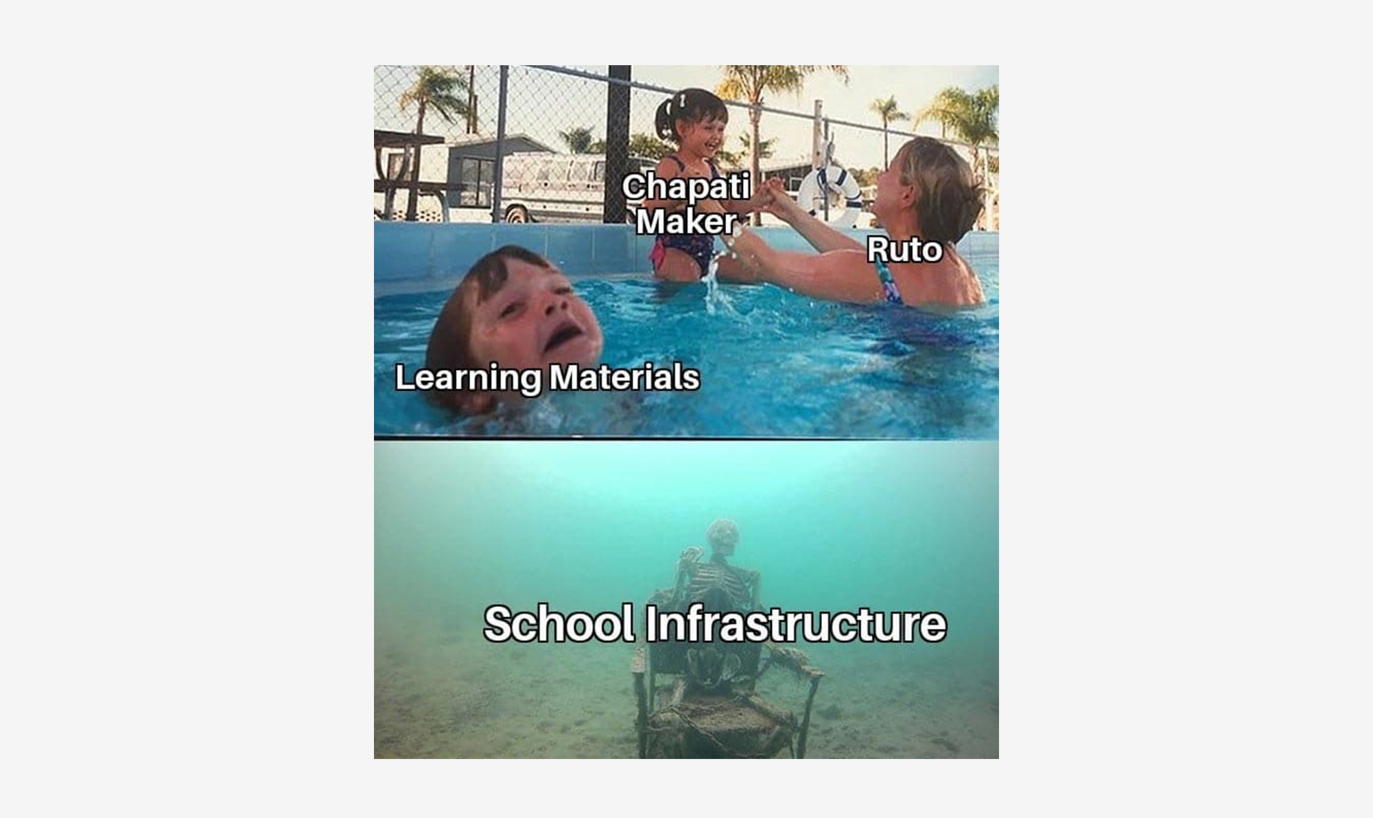 Dieses Meme verbreitete sich in Kenia nach der Ankündigung von Präsident William Ruto, für Schulen eine Maschine zu kaufen, die Chapati – ein beliebtes Fladenbrot – macht. Viele erachten dies gegenüber anderen Problemen im Land als überflüssig.