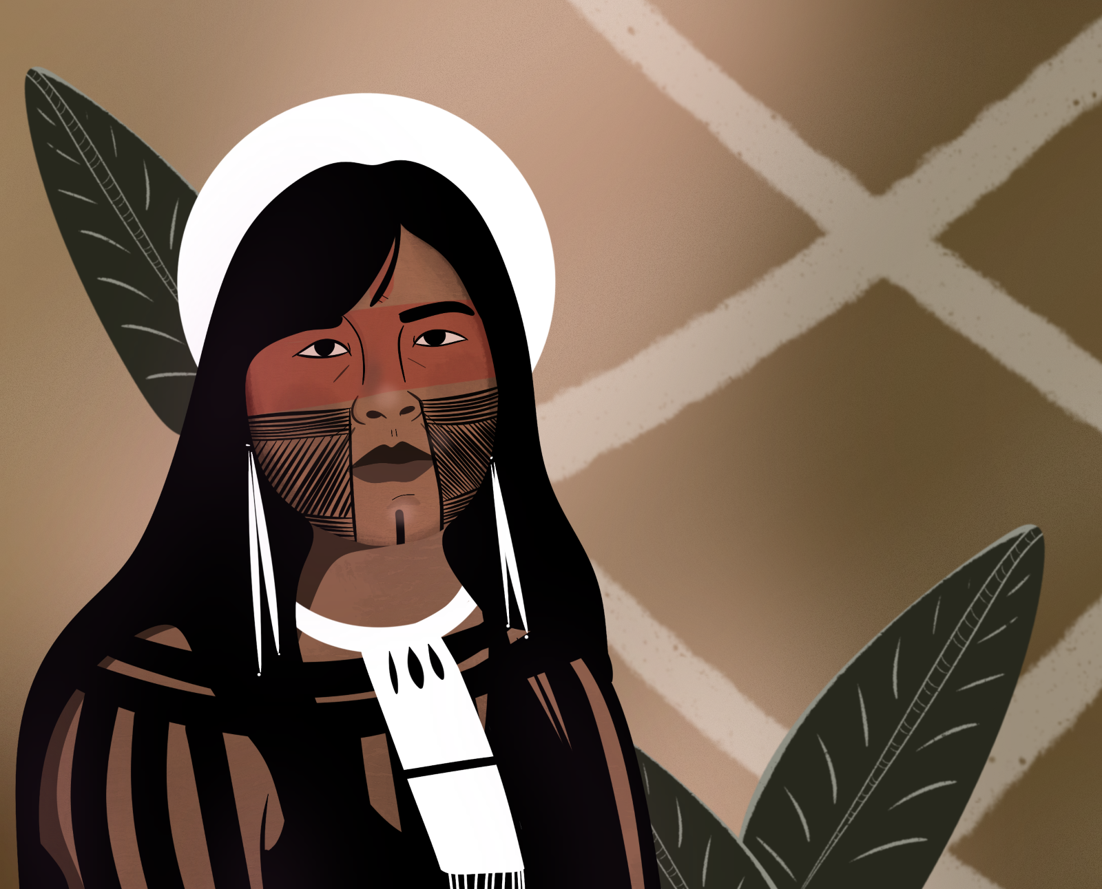 Das Werk „Aktivistin Mayalú Kokometi Waurá Txucarramãe” der Künstlerin Yacunã Tuxá ist eine visuelle Hommage an die Stärke und Widerstandsfähigkeit Indigener Frauen. Inspiriert wurde sie von der Aktivistin Mayalu Txucarramãe, einer lautstarken Stimme im Kampf für den Schutz des Regenwaldes und die Rechte Indigener Völker.