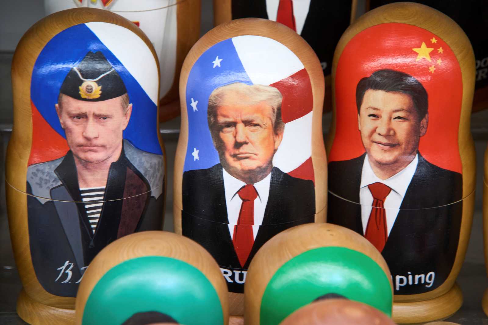 Russian wooden dolls called Matryoshka depicting Russian President Vladimir Putin, US President Donald Trump and China’s President Xi Jinping at a souvenir shop in Moscow.