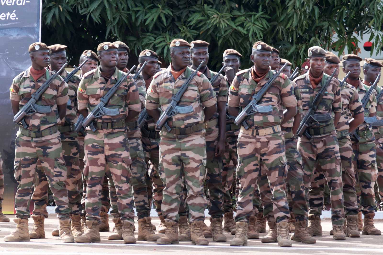 Soldiers wait for the funeral of Mali’s former defence minister, Sadio Camara, to begin. He died in an Islamist attack in Mali in April.