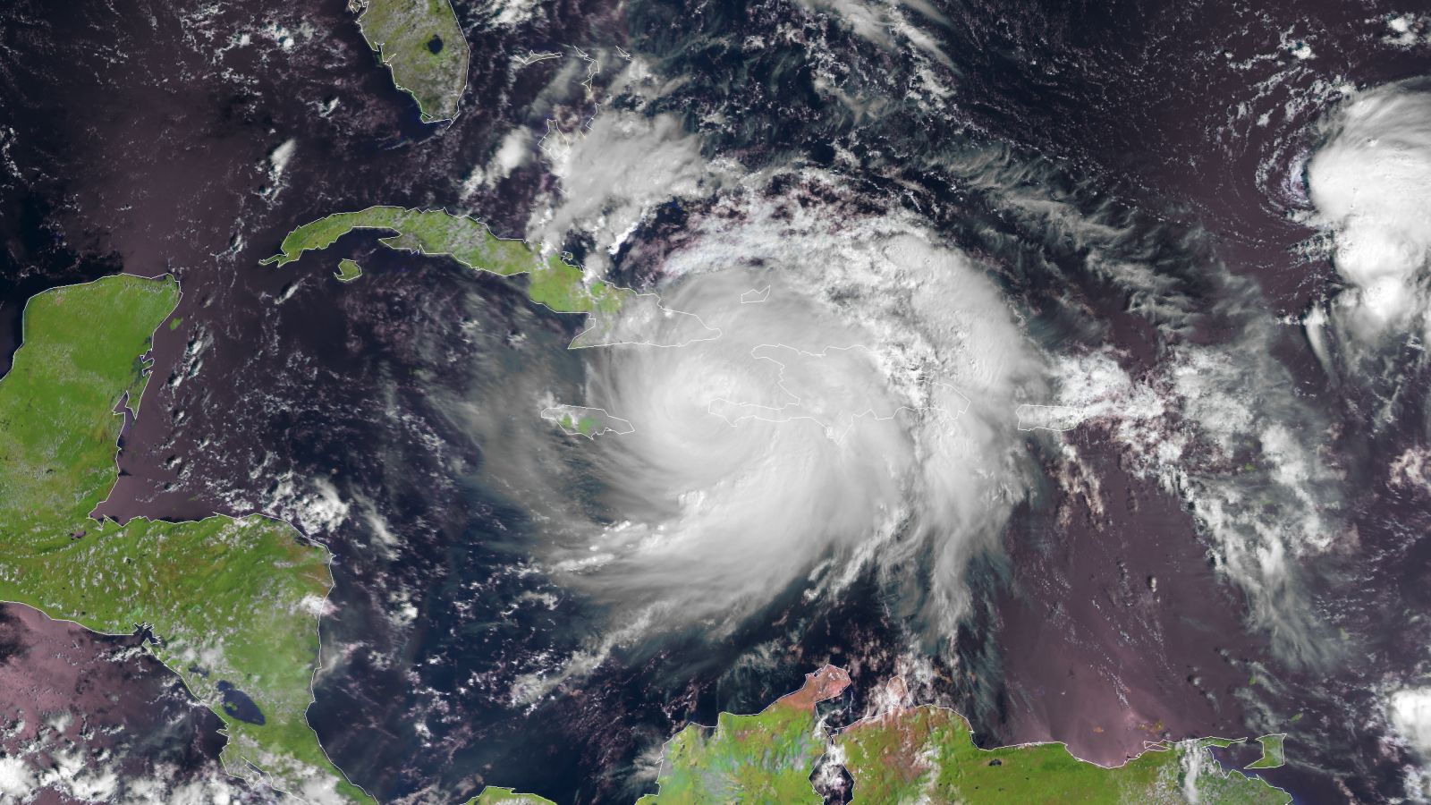 Hurrican Matthew over Haiti, Cuba and Jamaica in October 2016.