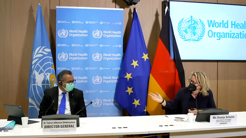 Screenshot: Video BMZ/Youtube – https://youtu.be/J2yqsfLqOX4 Svenja Schulze, Germany’s new federal minister for economic cooperation and development, with Tedros Adhanom Ghebreyesus, director general of the WHO, during press conference in Geneva in January.