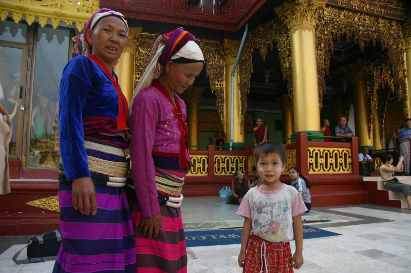In Myanmar many ethnic minorities remain discriminated against. Women from an ethnic minority in Yangon’s Shwedagon pagoda.
