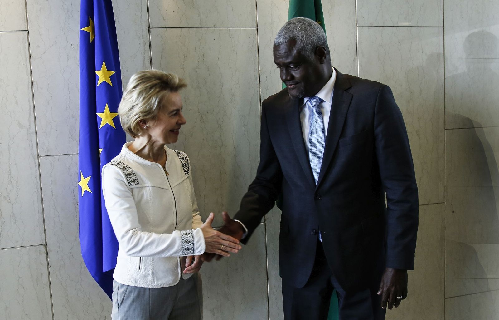 Minasse Wondimu Hailu/picture-alliance/AA EU Commission President Ursula von der Leyen and the chairperson of the African Union Commission, Moussa Faki Mahamat, at a meeting in February in Ethiopia.