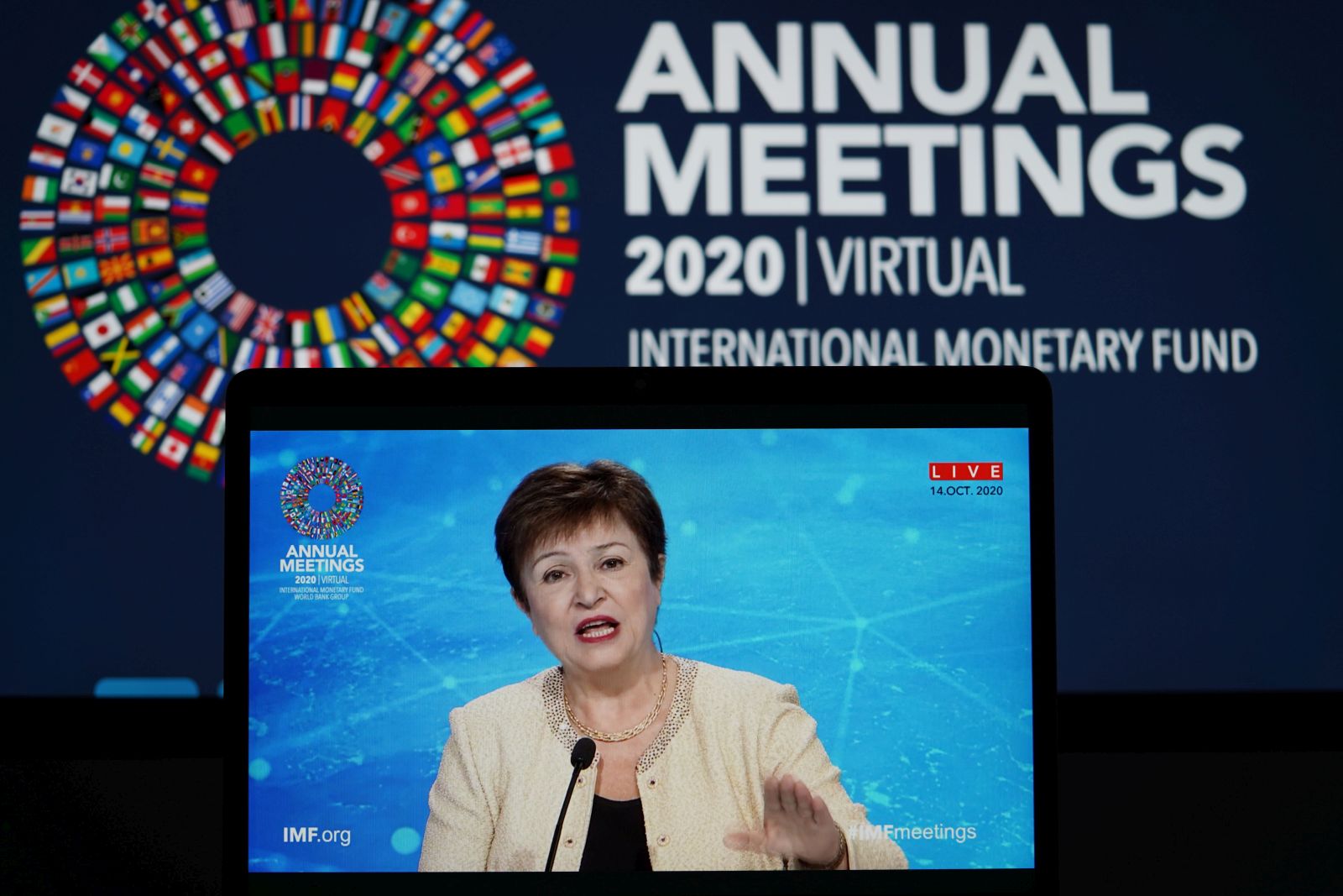 Liu Jie/picture-alliance/Xinhua News Agency Not calling for austerity: Kristalina Georgieva of the IMF addressing a digitised press conference last year.