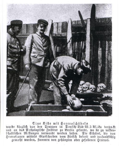 Historical postcard of 1907: German soldiers with skulls of killed Herero