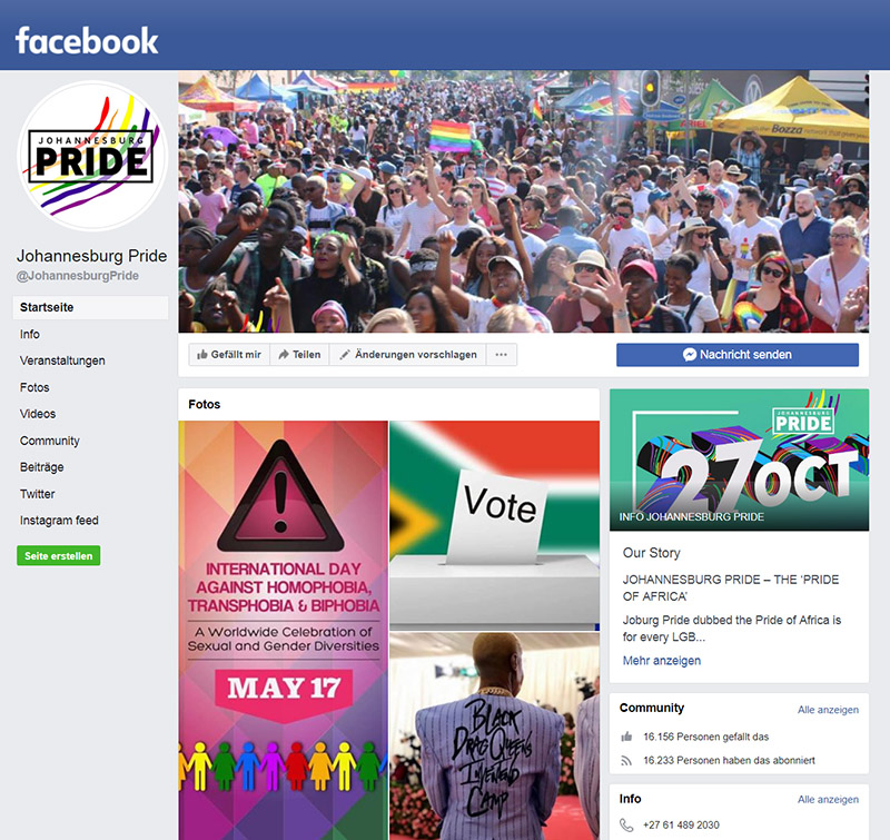 Screenshot https://de-de.facebook.com/JohannesburgPride/ Facebook-Seite von Johannesburg Pride, des jährlichen Marsches für Rechte von Homosexuellen.