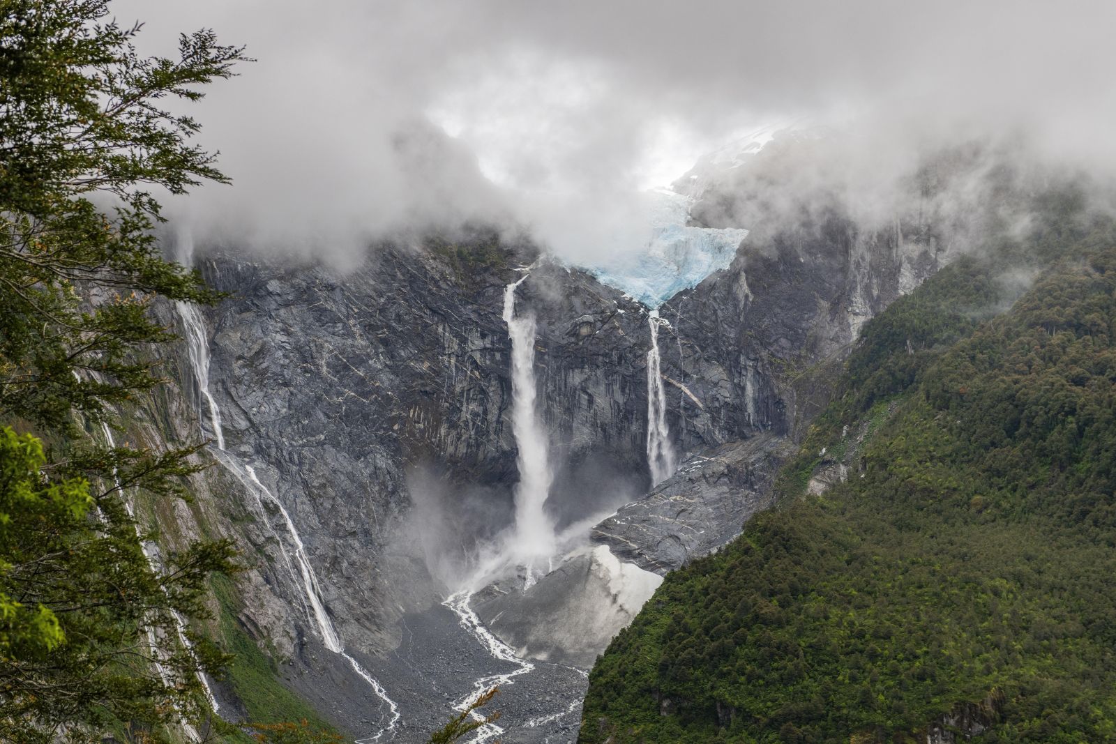 Waterfalls in Chile’s Queulat National Park: when glaciers are diminished, entire water-catchment basins feel the impacts downstream.