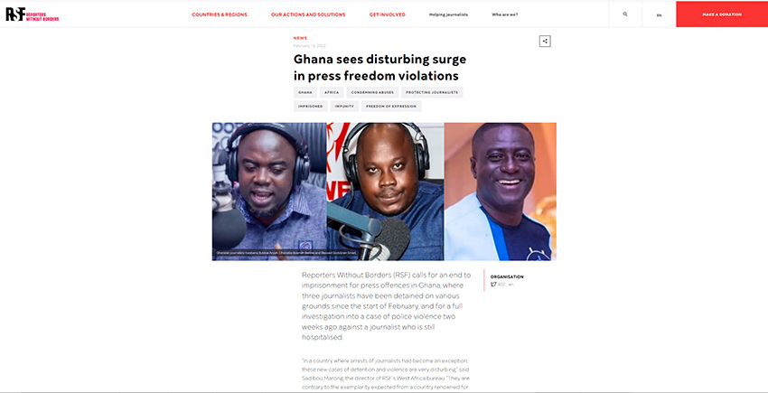 RSF Screenshot – RSF - https://rsf.org/en/news/ghana-sees-disturbing-surge-press-freedom-violations