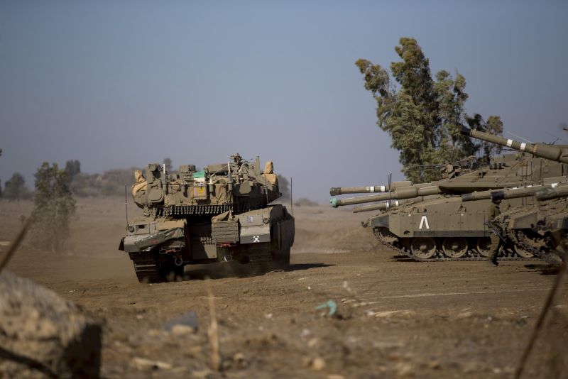 Israeli tanks during a training exercise on the Golan Heights near the Syrian border.