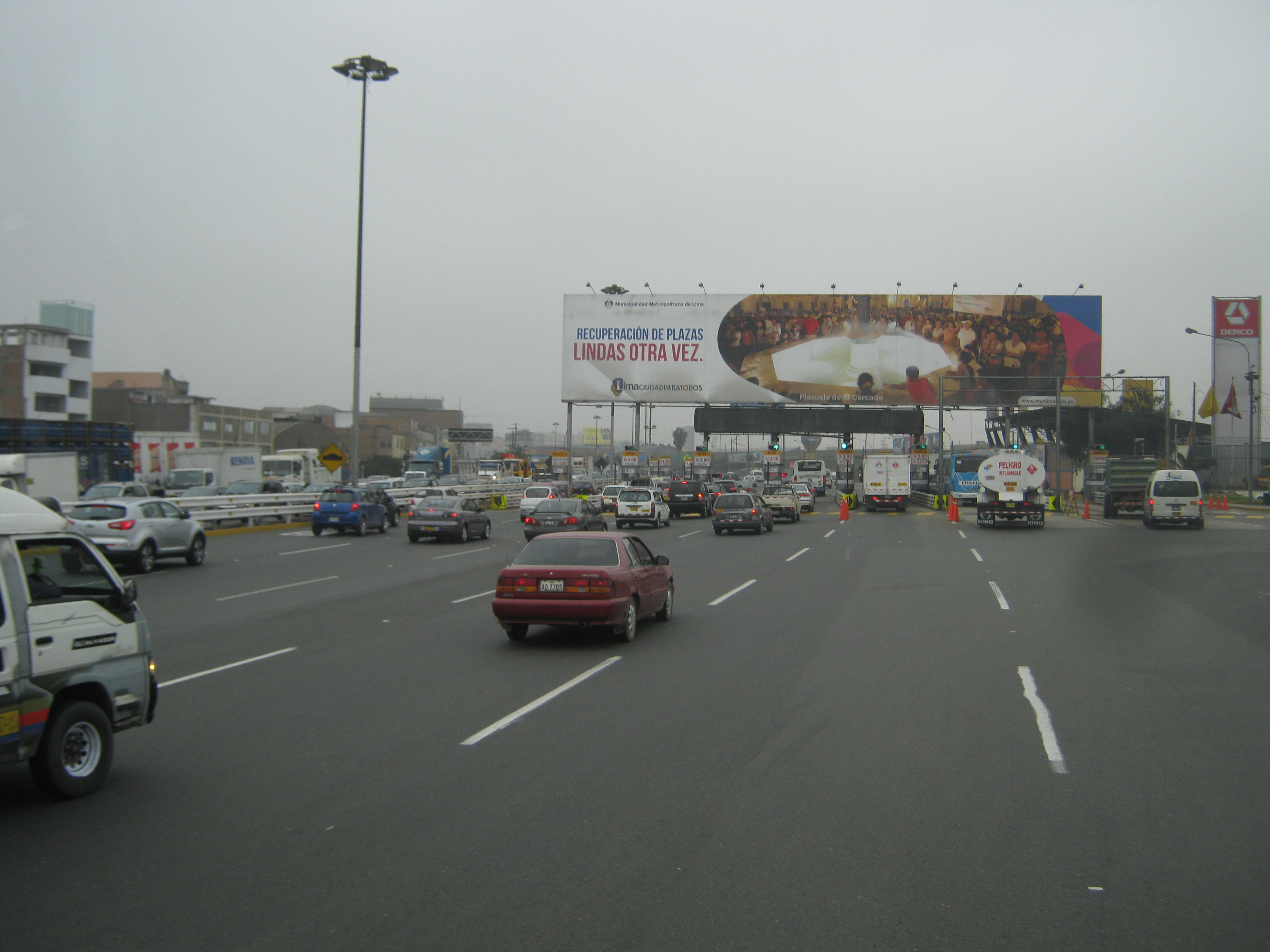 Middle-income countries have a lot of infrastructure that is based on the use of fossil fuels, so shifting to a green-growth strategy will require huge investments and is likely to raise poor peoples’ costs of living: toll road in Lima, Peru.