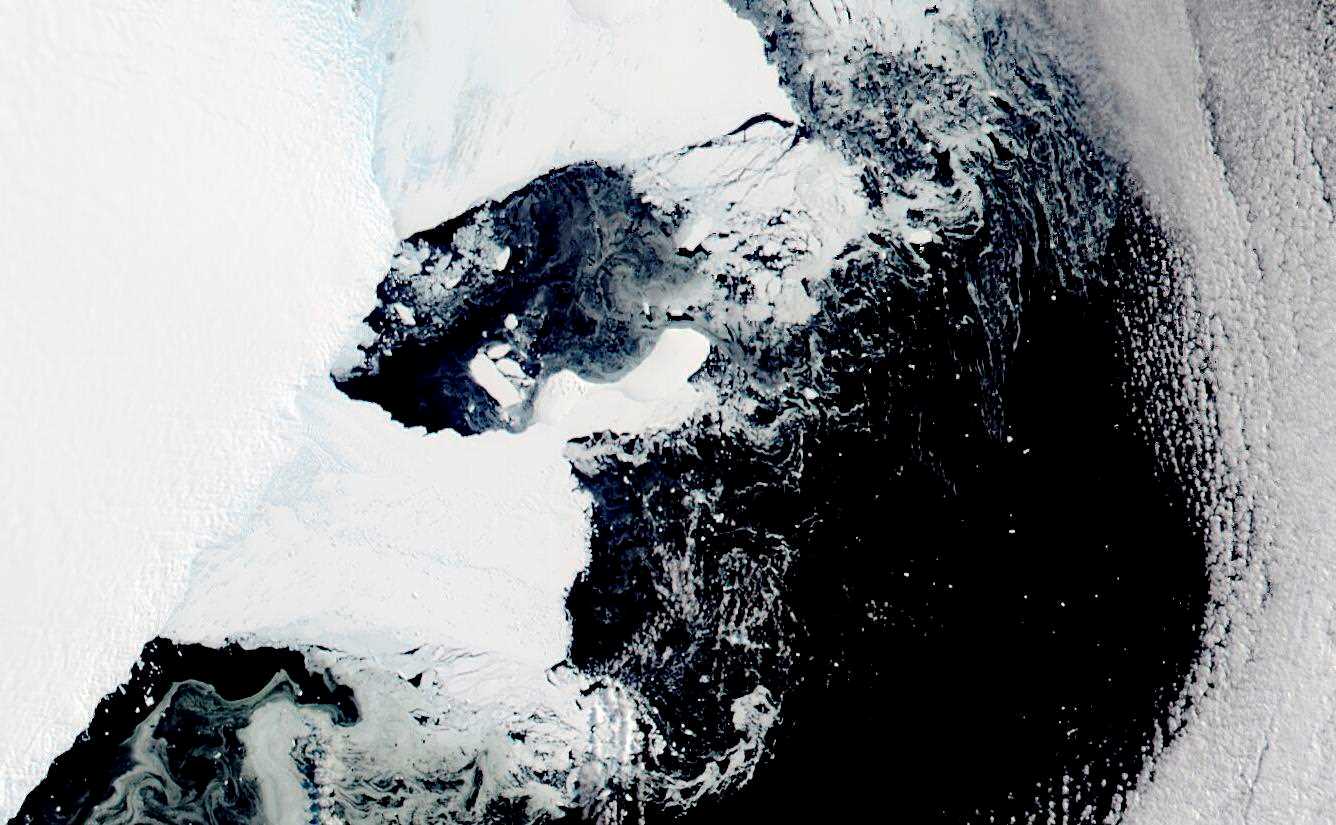 This satellite image shows a collapsed ice shelf the size of New York City in East Antarctica in March 2022. The area had long been believed to be stable.