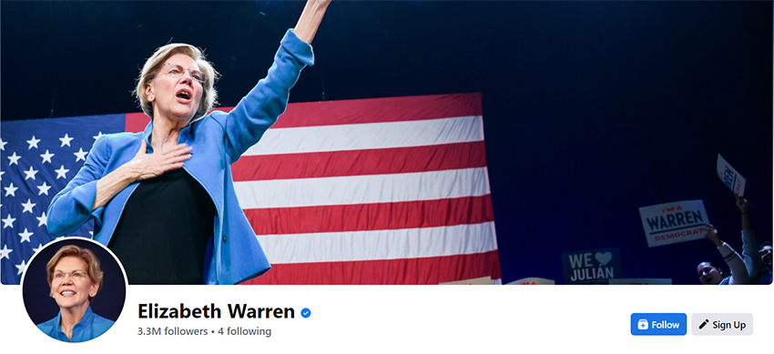 facebook.com/ElizabethWarren US-Senatorin Elizabeth Warren ist eine profilierte Kritikerin der Internetriesen – hätte sie andernfalls vielleicht mehr Facebook-Follower?