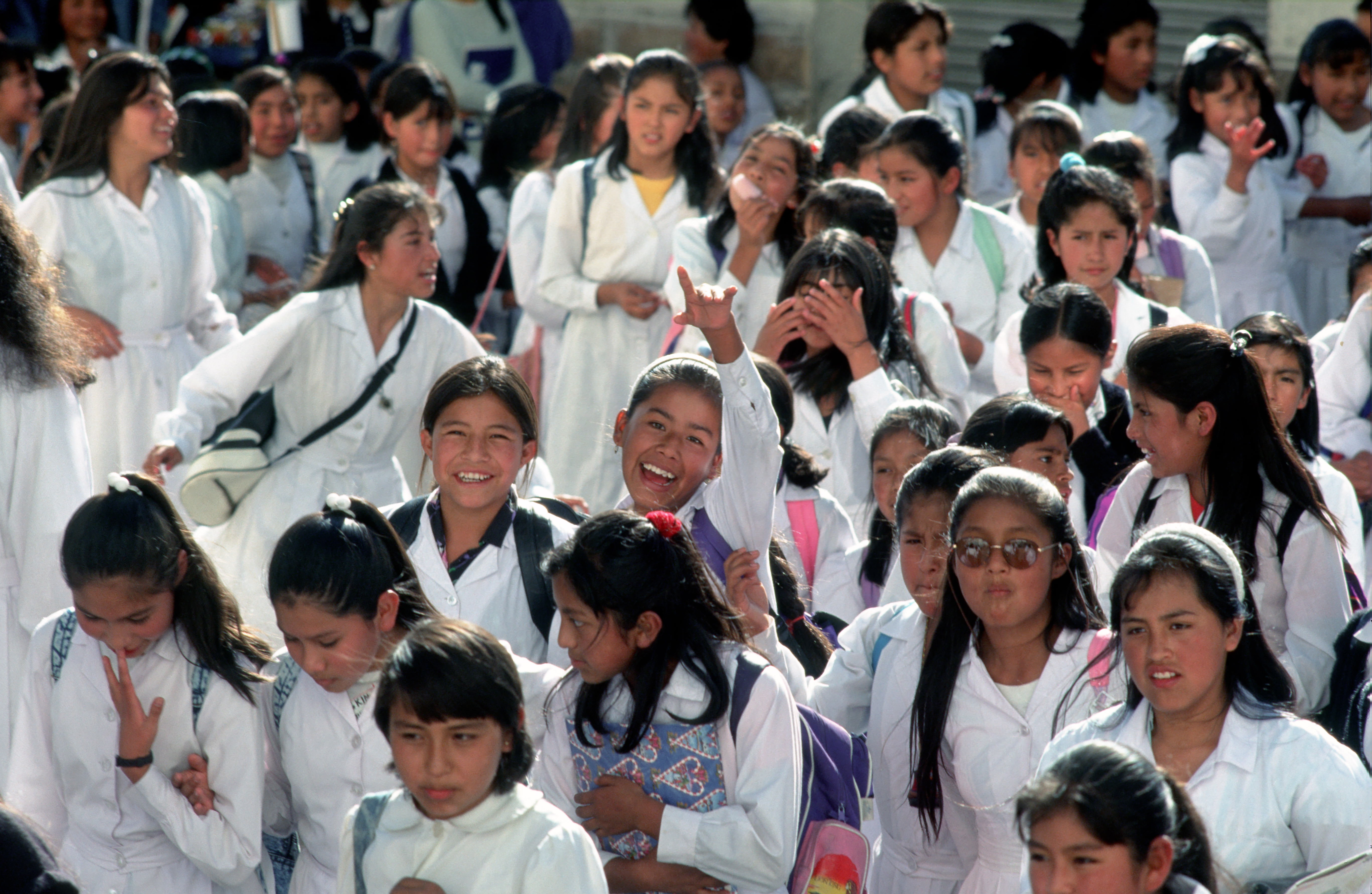 Ron Giling/Lineair Better secondary education has led to higher wages in Latin America: schoolgirls in La Paz, Bolivia.