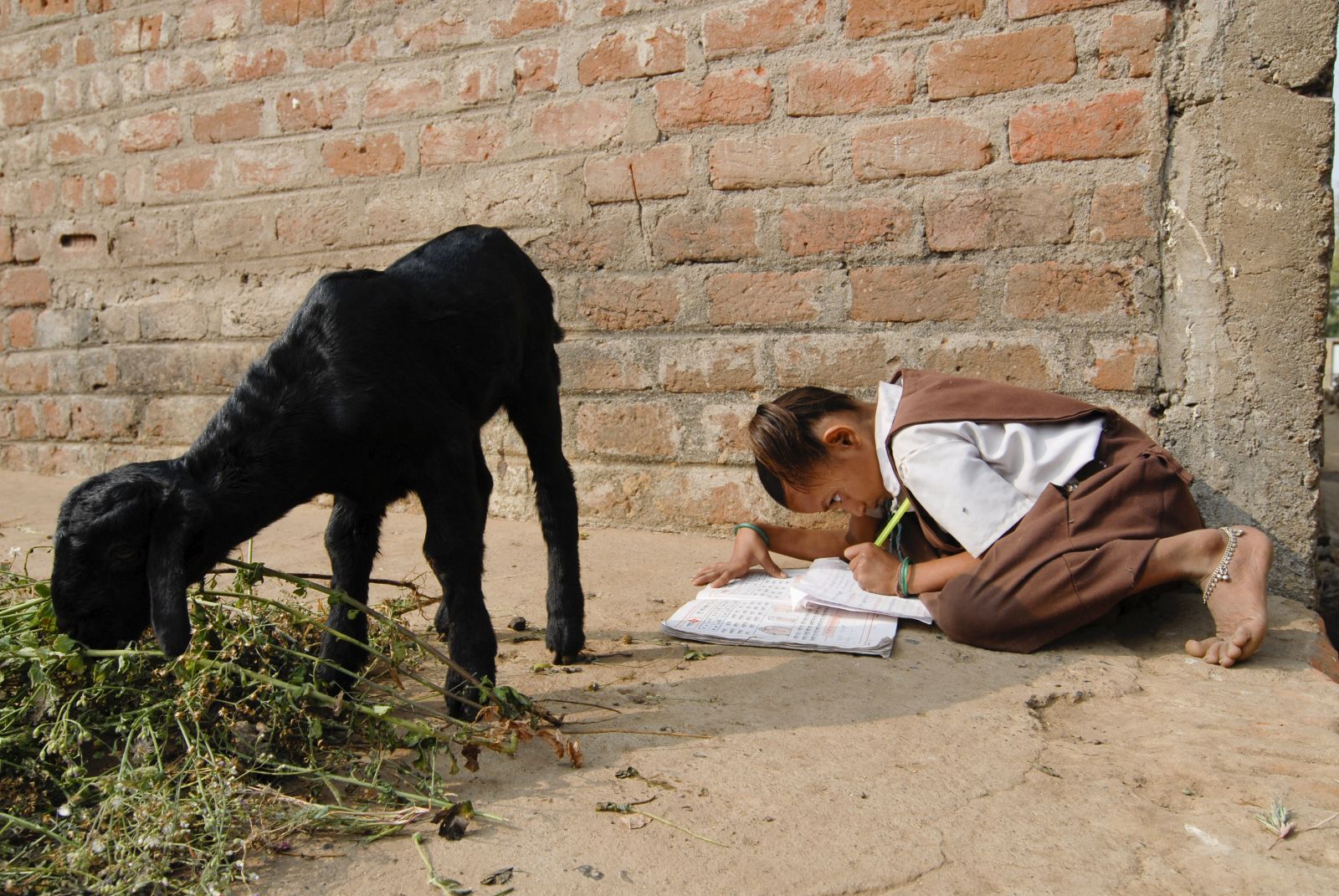 Increasingly, even villagers want their daughters to learn: girl doing homework in Madhya Pradesh in 2007.