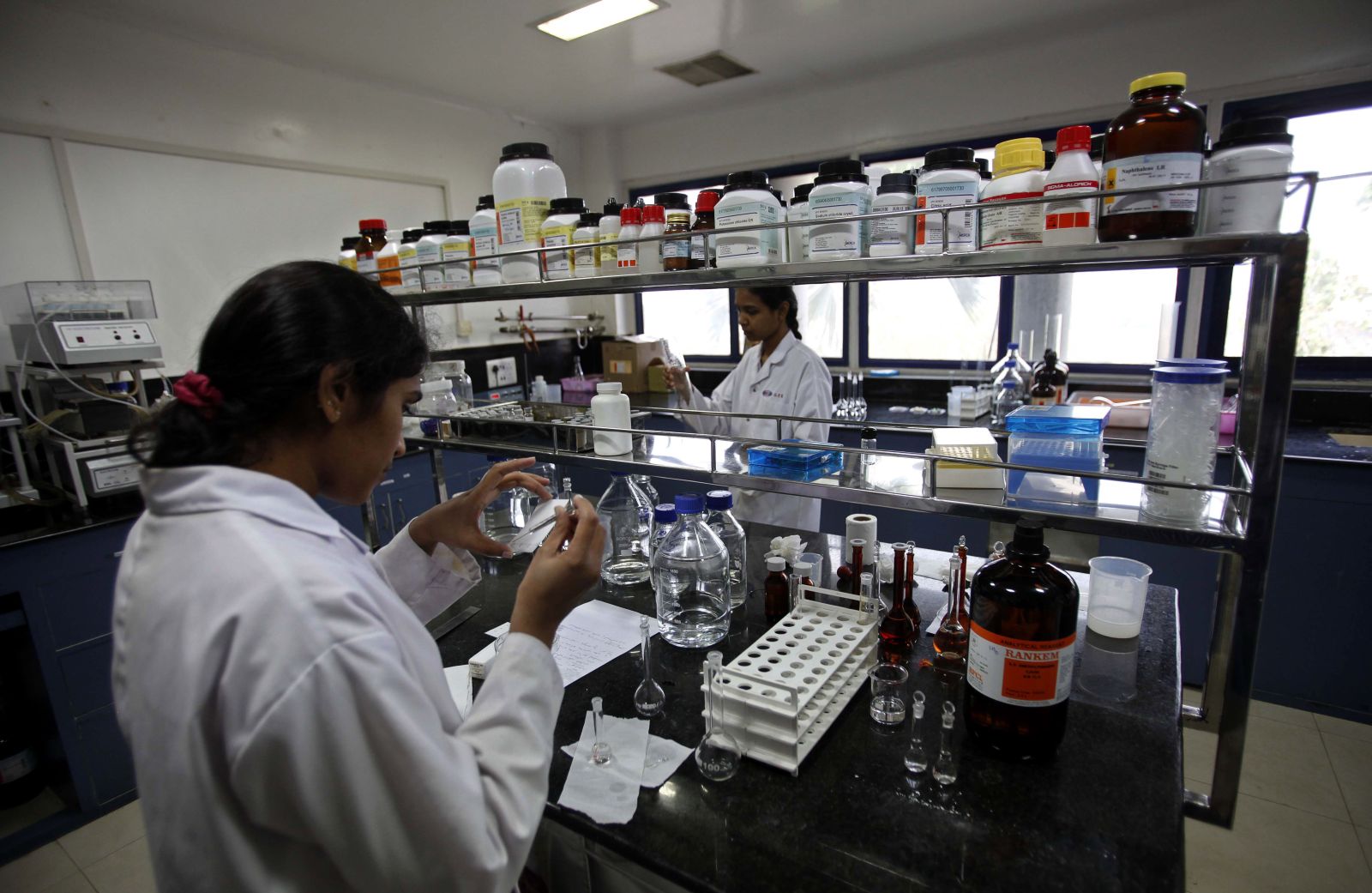 India’s private sector has grown fast: pharma lab in Hyderabad.