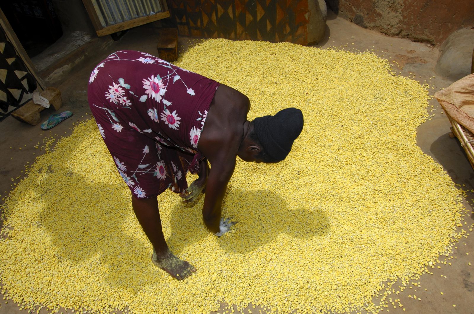 Eine Frau bereitet Samen des Néré-Baums zum Trocknen auf dem Boden aus. Der Néré ist ein bedeutender Nutzbaum in Burkina Faso.