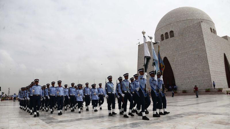 Pakistani soldiers parading in front of the tomb of independence leader Mohammed Ali Jinnah in Karachi.