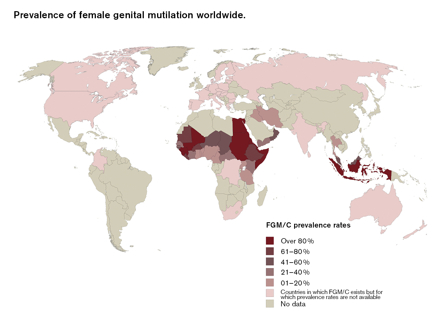 Verbreitung weiblicher Genitalverstümmelung weltweit.