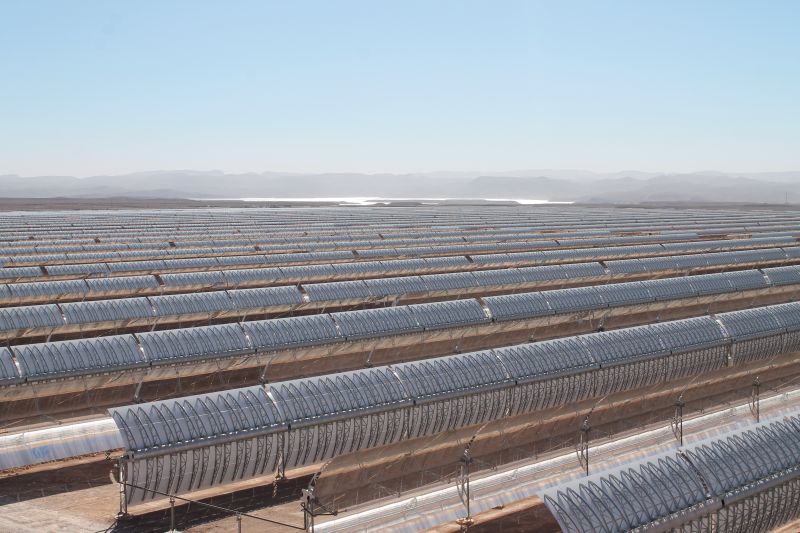 The concentrated solar power plant Noor I at the foot of the Atlas Mountains in Morocco.
