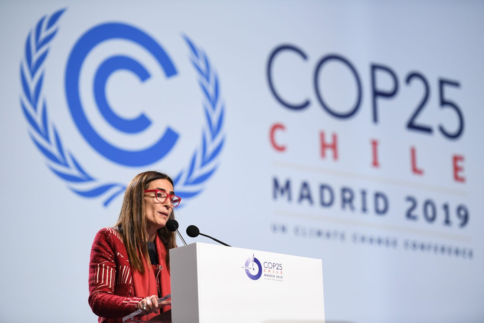 picture-alliance/Photoshot Carolina Schmidt, chairwoman of the COP25 and the environment minister of Chile, speaking at the closing plenary of the conference in Madrid.