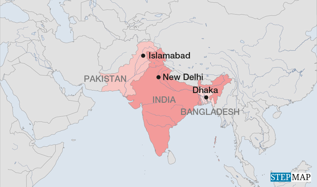 Map of Pakistan, India and Bangladesh.