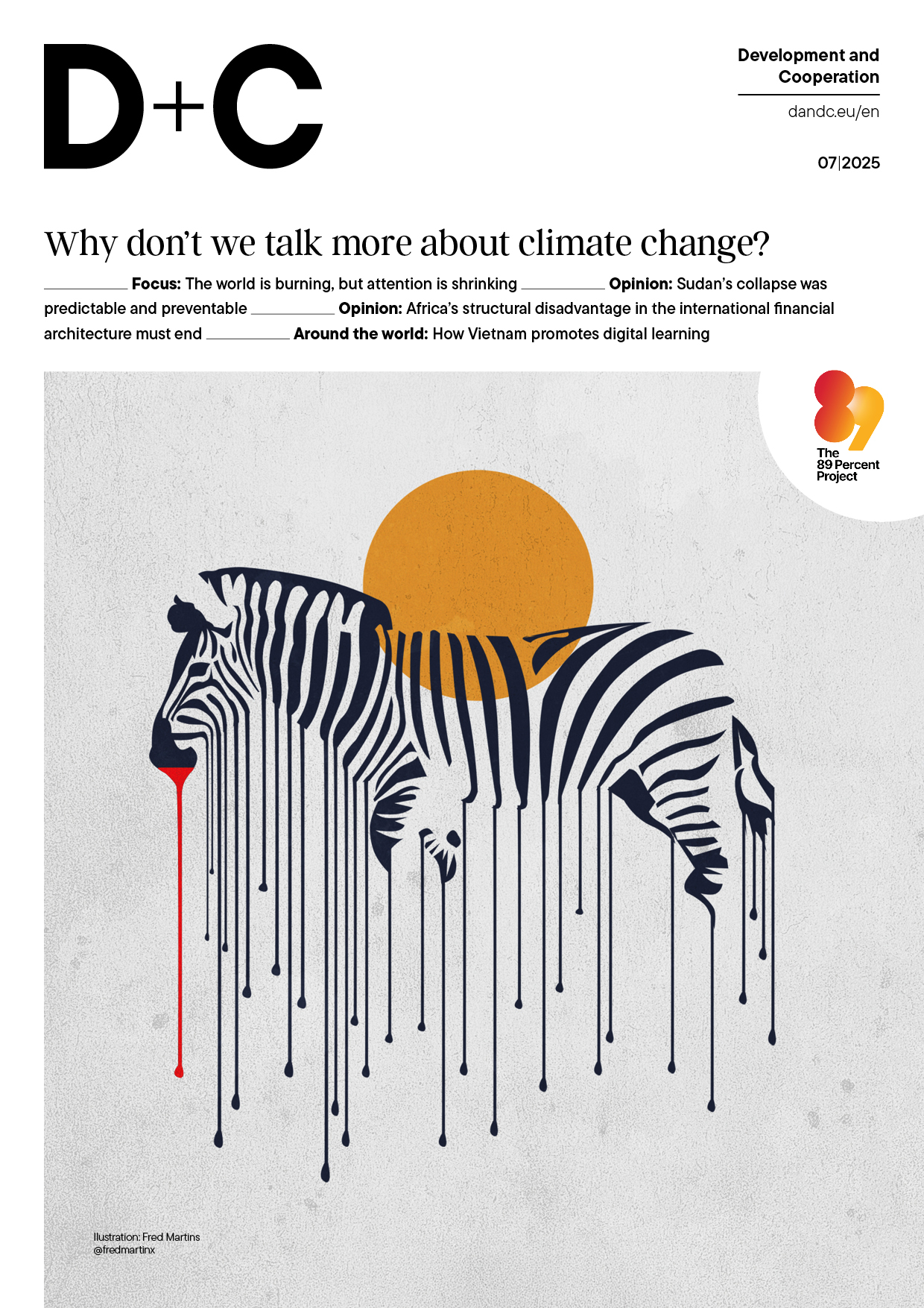Digital artwork of a zebra with dripping stripes and red "blood" dripping from its mouth, set against an orange sun on a white background. Credit: Fred Martins; social media handle: @fredmartinx