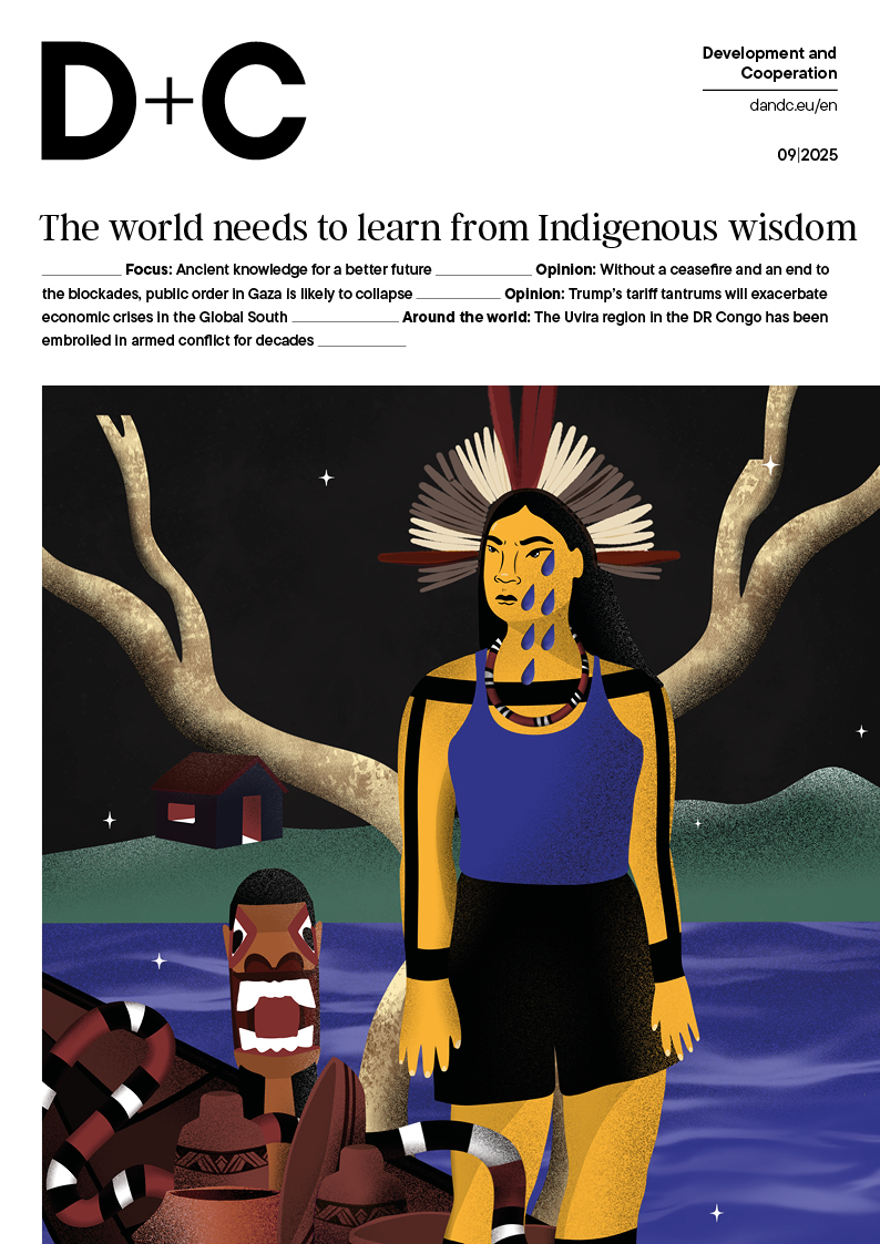 The cover of D+C magazine features an illustration of an Indigenous woman with a feather headdress and tears on her face, standing in a boat with clay pots and a snake against a night landscape.