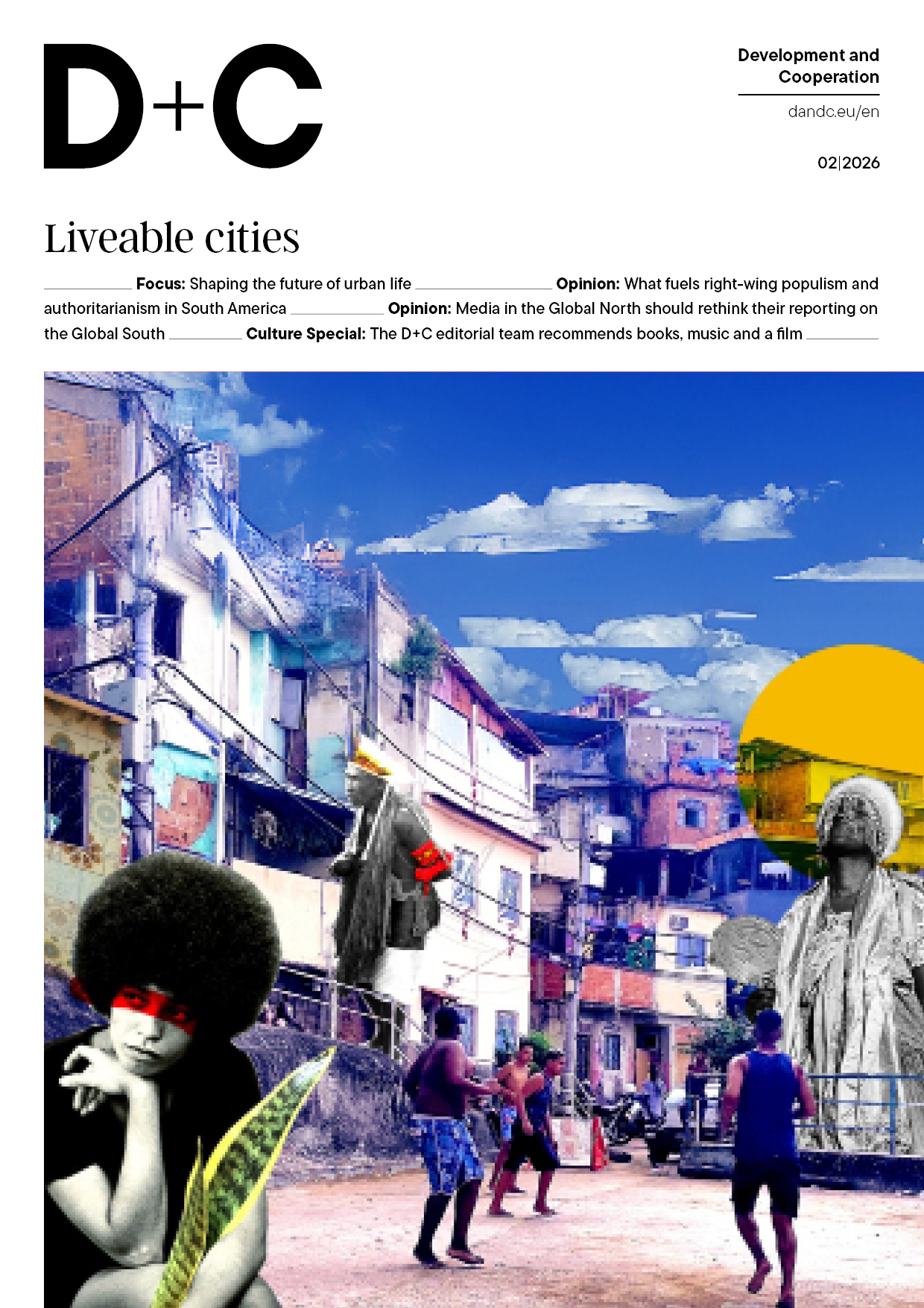 Collage of various people in an urban environment with residential buildings under a blue sky.