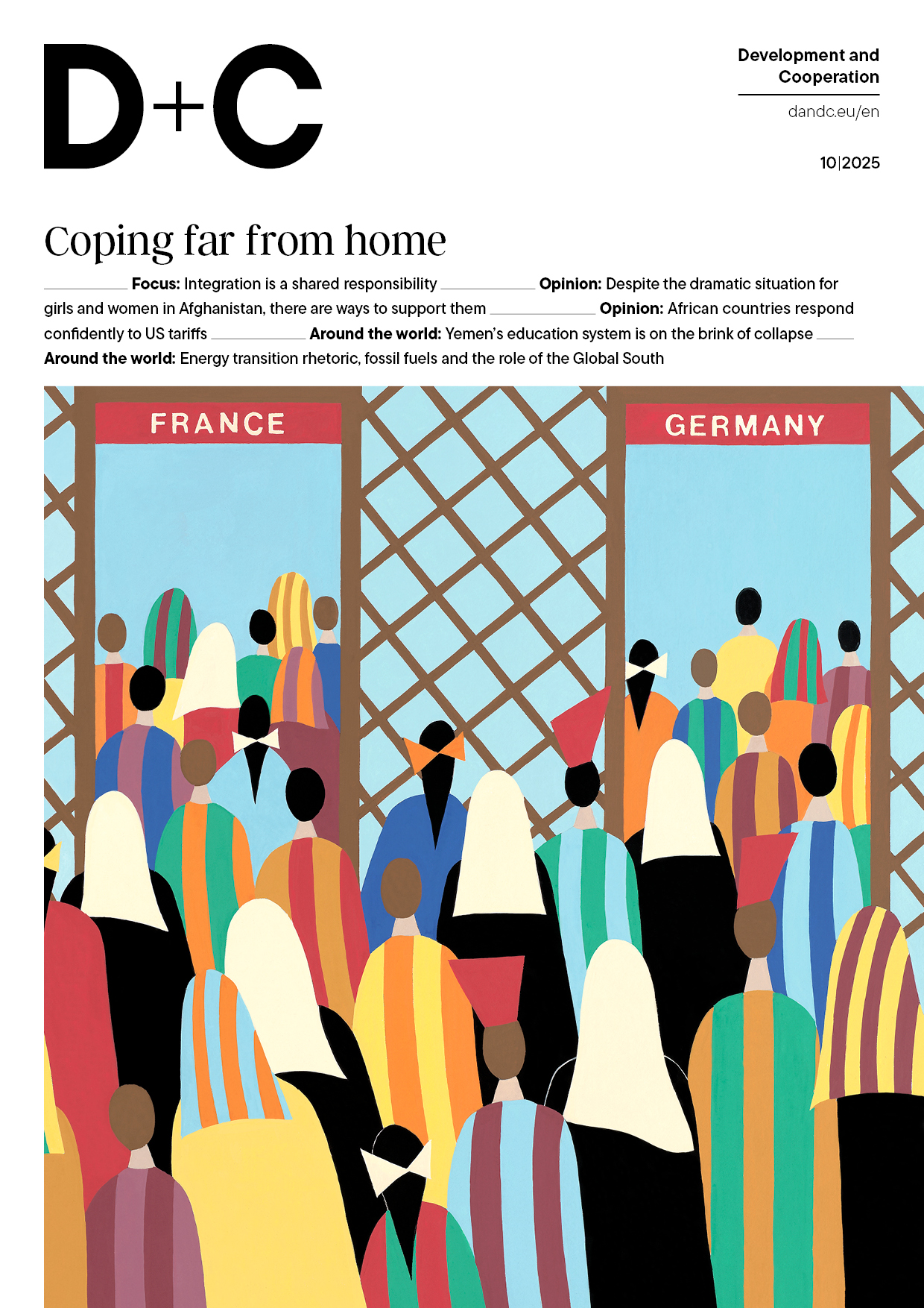 Illustration on a magazine cover shows numerous stylized people in colorful clothing approaching two gates labeled "FRANCE" and "GERMANY," symbolizing migration and integration in Europe.
