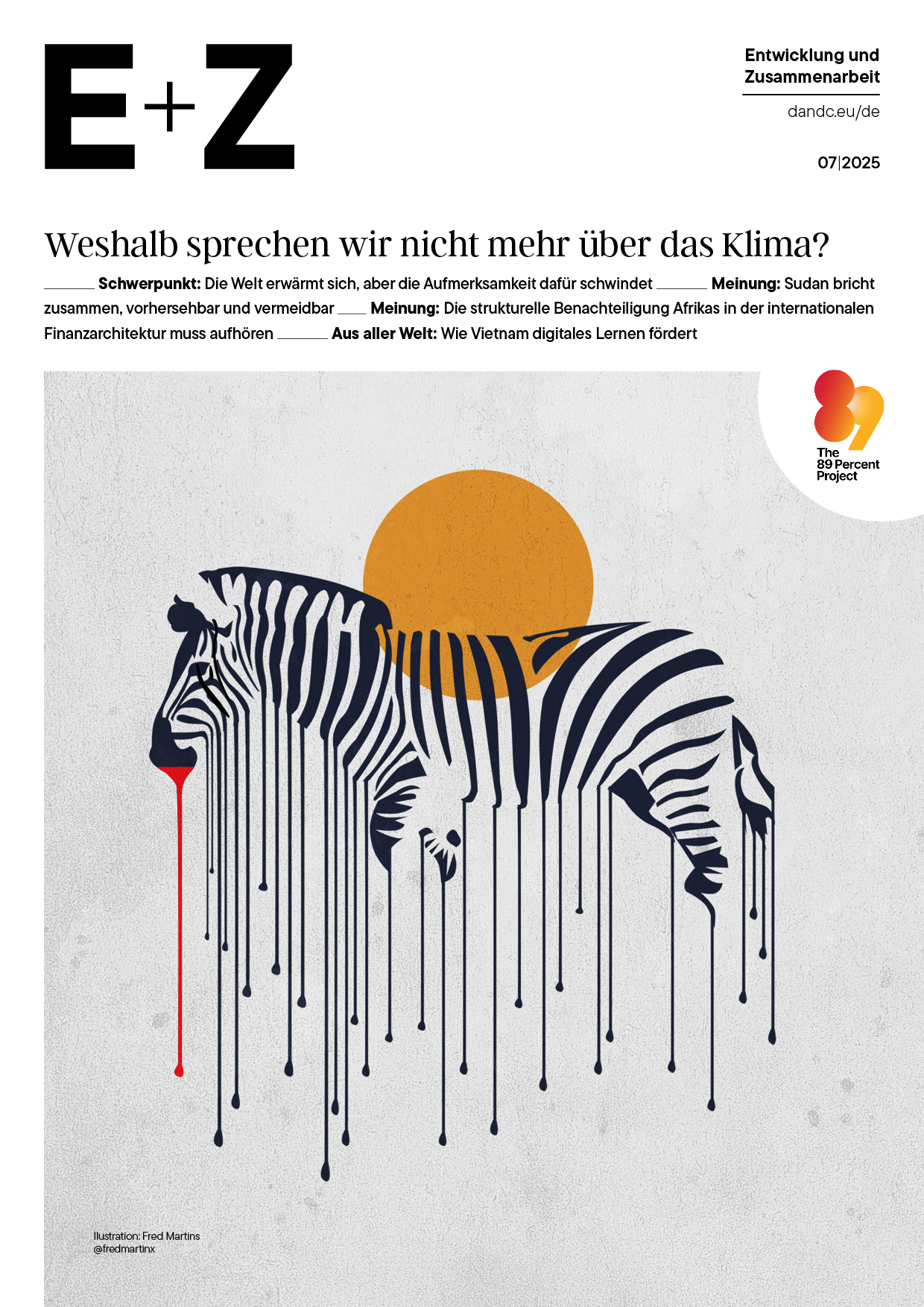 Digitales Kunstwerk eines Zebras mit verlaufenden Streifen, bei dem rotes "Blut" aus dem Maul tropft, vor einer orangefarbenen Sonne auf weißem Hintergrund. Credit: Fred Martins; Social-Media-Handle: @fredmartinx