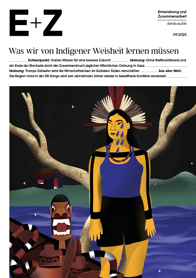 Titelseite des Magazins D+C zeigt eine Illustration einer indigenen Frau mit Federschmuck und Tränen im Gesicht, die in einem Boot mit Tongefäßen und Schlange vor nächtlicher Landschaft steht.