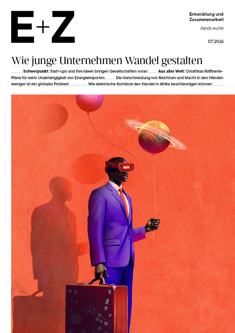 Magazincover von D+C („Innovative businesses as drivers of change“) mit Illustration einer Person im violetten Anzug und VR-Brille, die einen Koffer hält und einen Planetenballon vor orangefarbenem Hintergrund.