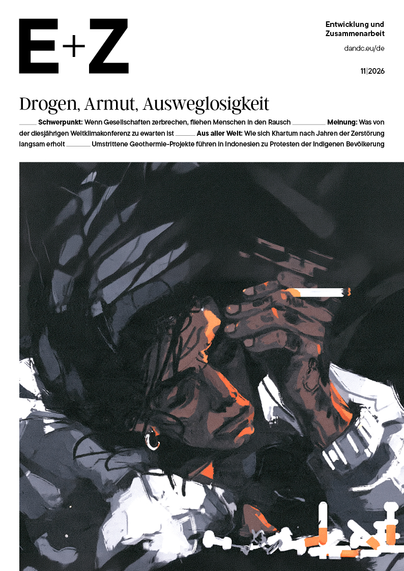 Titelbild der Zeitschrift E+Z, Ausgabe 11/2026: Gezeichnete Person mit gesenktem Kopf und brennender Zigarette in der Hand.