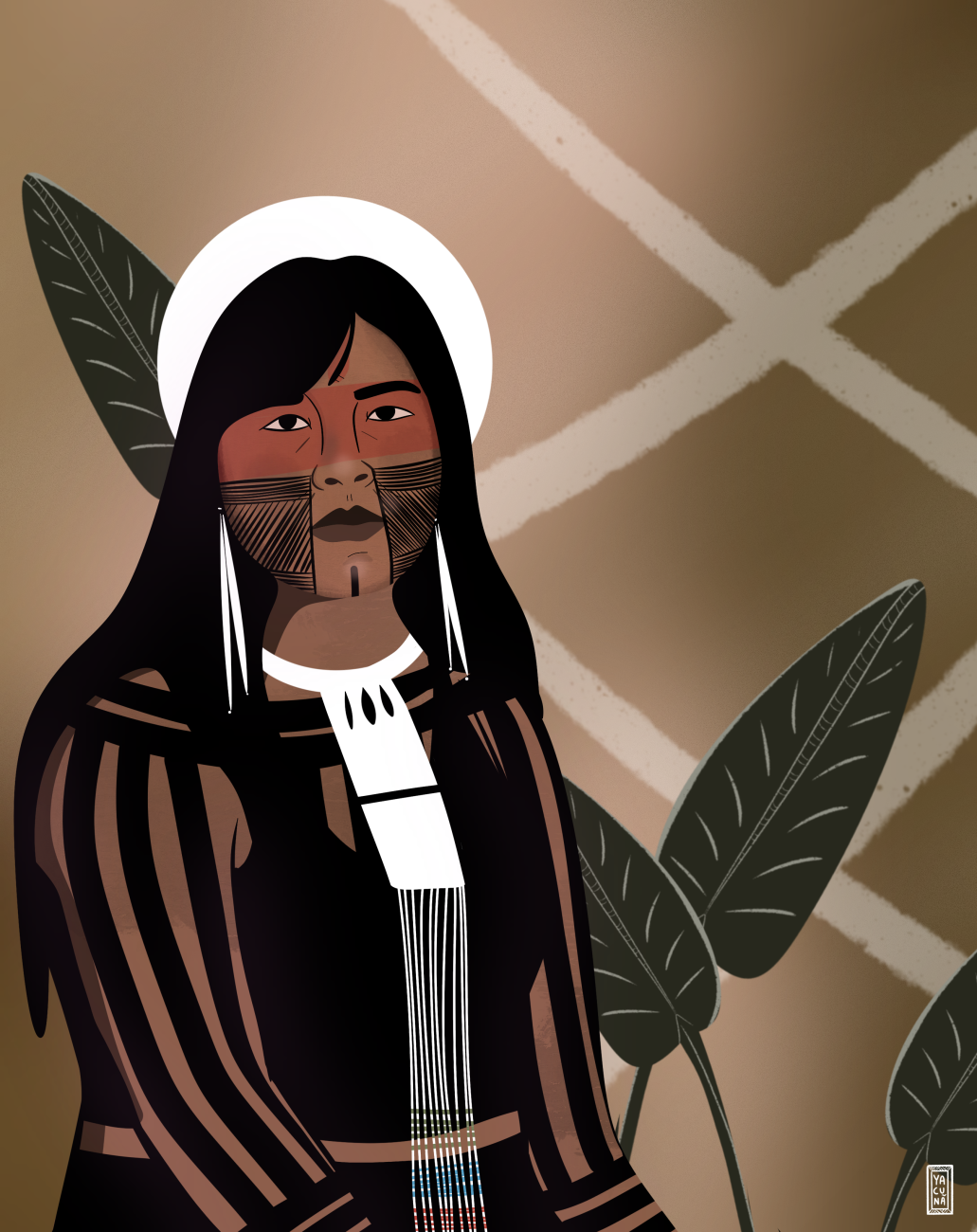 Digital illustration of an Indigenous person with facial paint, traditional clothing, and long white earrings, set against a stylized background with plants and geometric pattern.