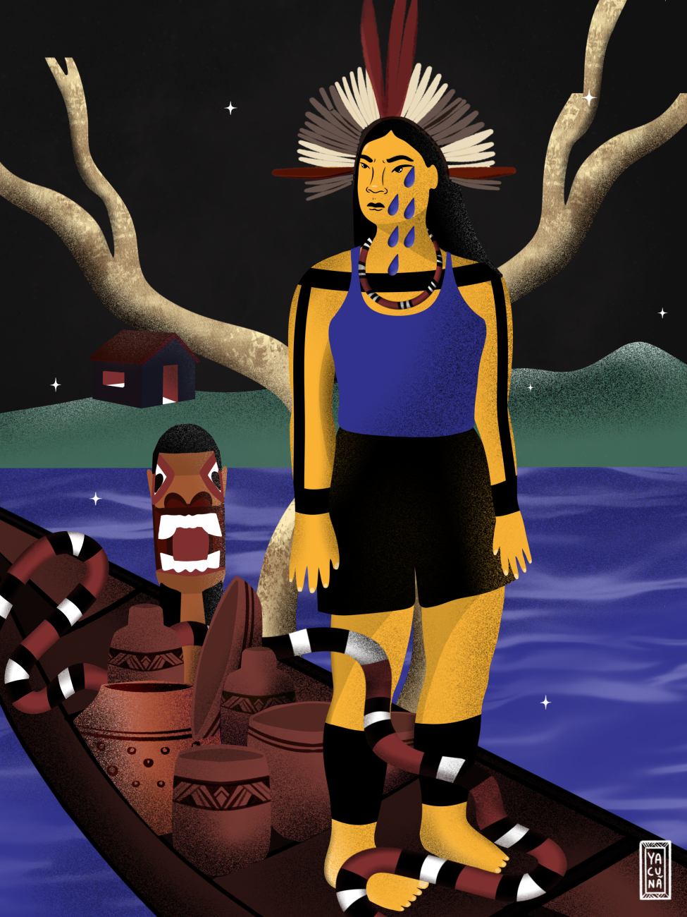 A colourful illustration depicts a woman with traditional feather headdress and tears on her face, standing in a boat filled with clay pots and a snake, against a nighttime background with trees and water.