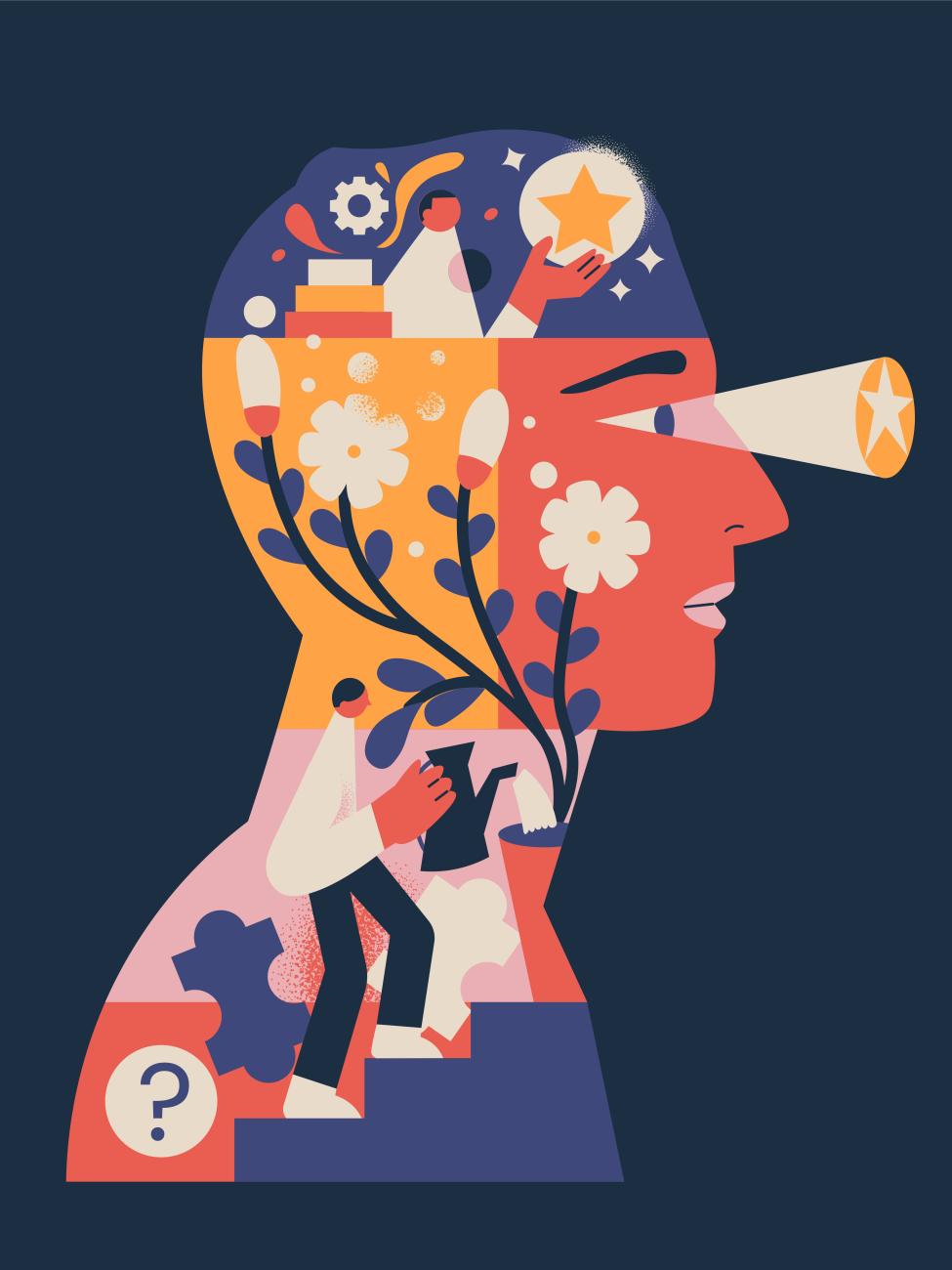 A stylised illustration of a human head filled with scenes of people, flowers, gears, stars, and puzzle pieces.