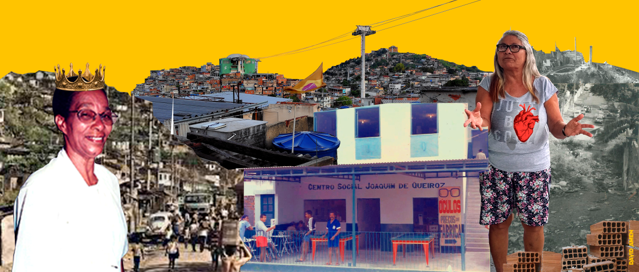 Collage of a Brazilian favela with densely packed houses, cable car, yellow flag, social center, and overlaid historical and modern image fragments against a bright yellow background.