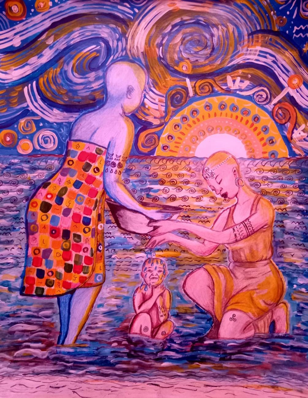 Colourful painting: Two women stand knee-deep in water and hold hands, with a child sitting nearby, while a bright sun and swirling clouds fill the background in vivid blues, oranges, and purples.