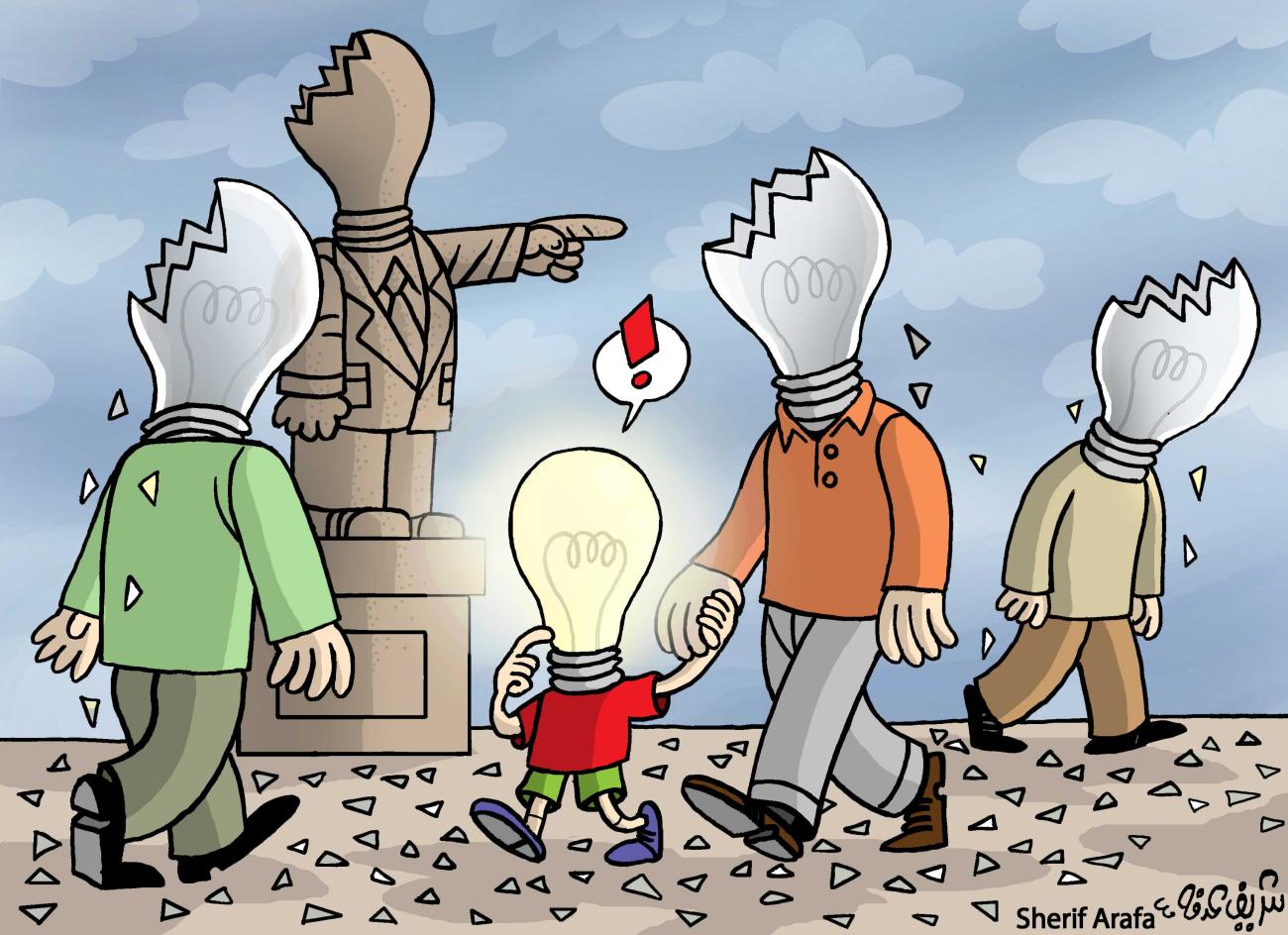 Cartoon: people with lightbulb heads, many cracked; a child with a glowing bulb raises an “!” as a statue points ahead.