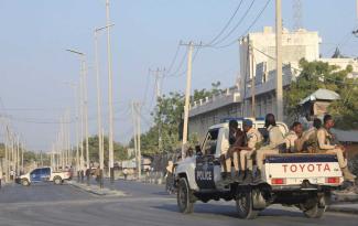 Mogadishu street  after a militant attack in late February: journalists cannot move around in Somalia without security guards.